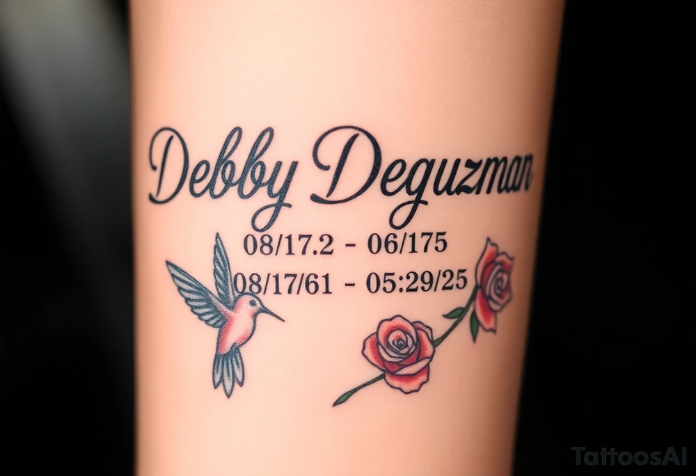 Tattoo of the exact name Debby Deguzman in chunky curly cursive with the exact dates of 08/17/61-05/29/25 surrounded by 1 hummingbird and 1 rose tattoo idea