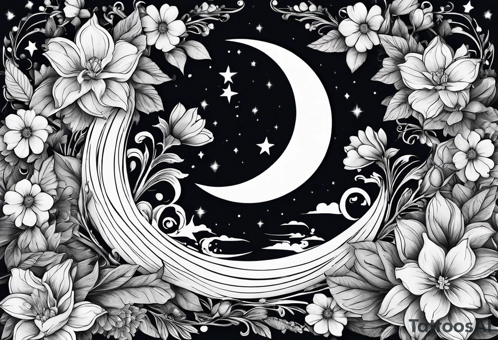 Crescent moon shrouded in pretty flowers tattoo idea