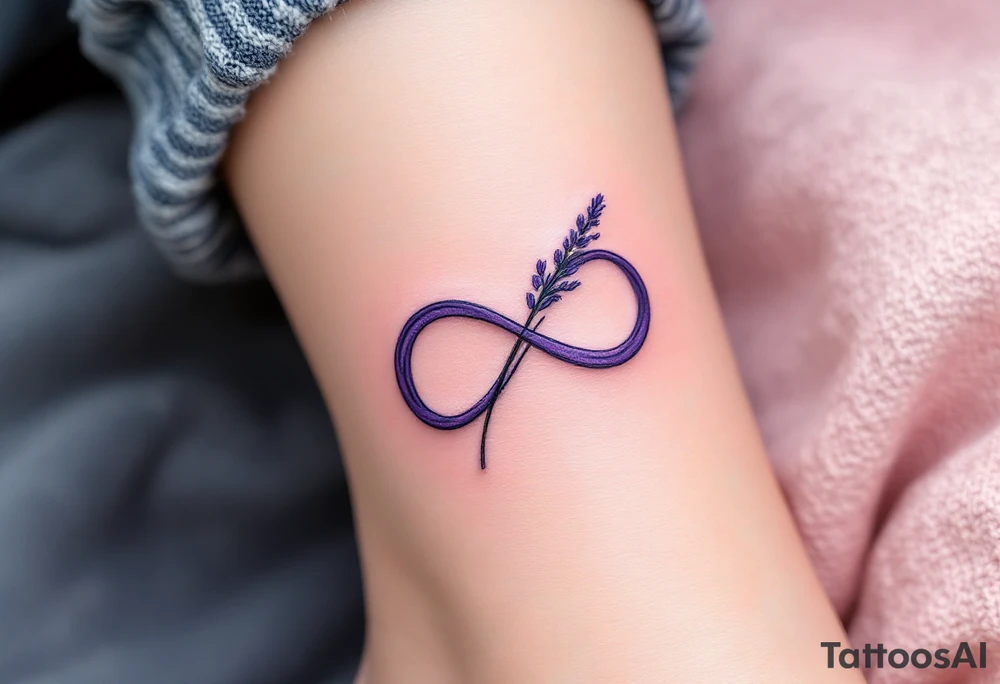 An infinity symbol intertwined with a lavender stem, with a soft ombré effect blending from violet to pastel pink. tattoo idea