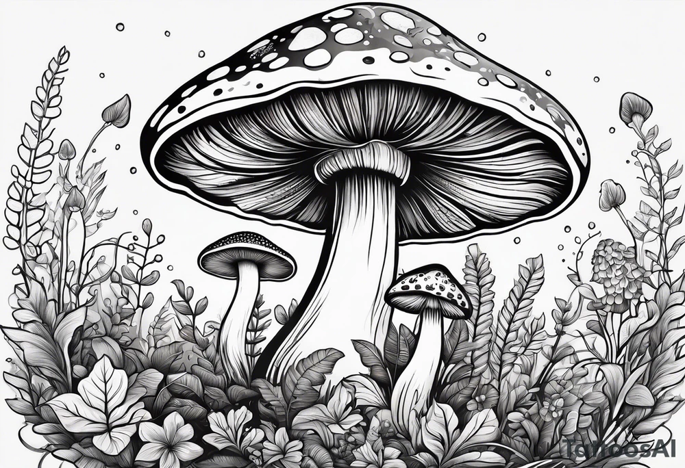Cheery mushroom surrounded by smaller plants tattoo idea