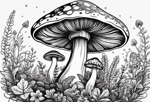 Cheery mushroom surrounded by smaller plants tattoo idea