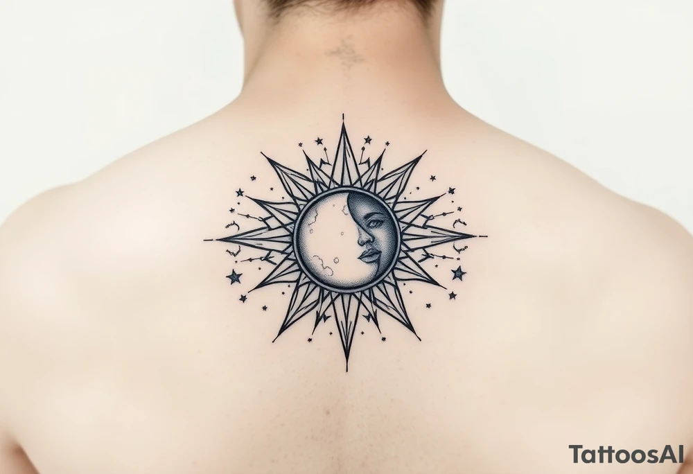 celestial sun and moon embrace with constellation patterns tattoo idea