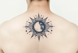 celestial sun and moon embrace with constellation patterns tattoo idea