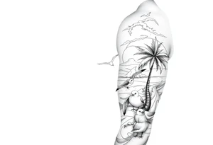 fine line, peaceful, serene, timeless, ocean, sand, palm tree, seagulls, sun tattoo idea