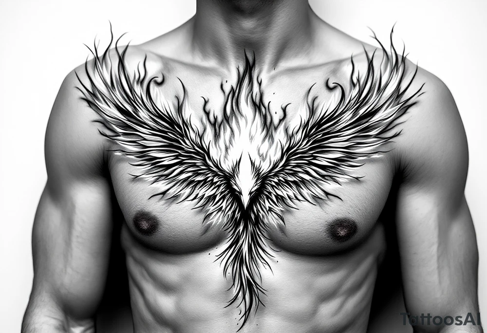 Realistic and symmetrical flaming Phoenix rebirth with spread low wings surrounded by fire mapped onto chest only
Phoenix head must be in the middle of the chest, straight and symmetrical 
Fire should be surrounding spread wings
Wings should be spread down only on pectoralis major muscle towards nipples tattoo idea