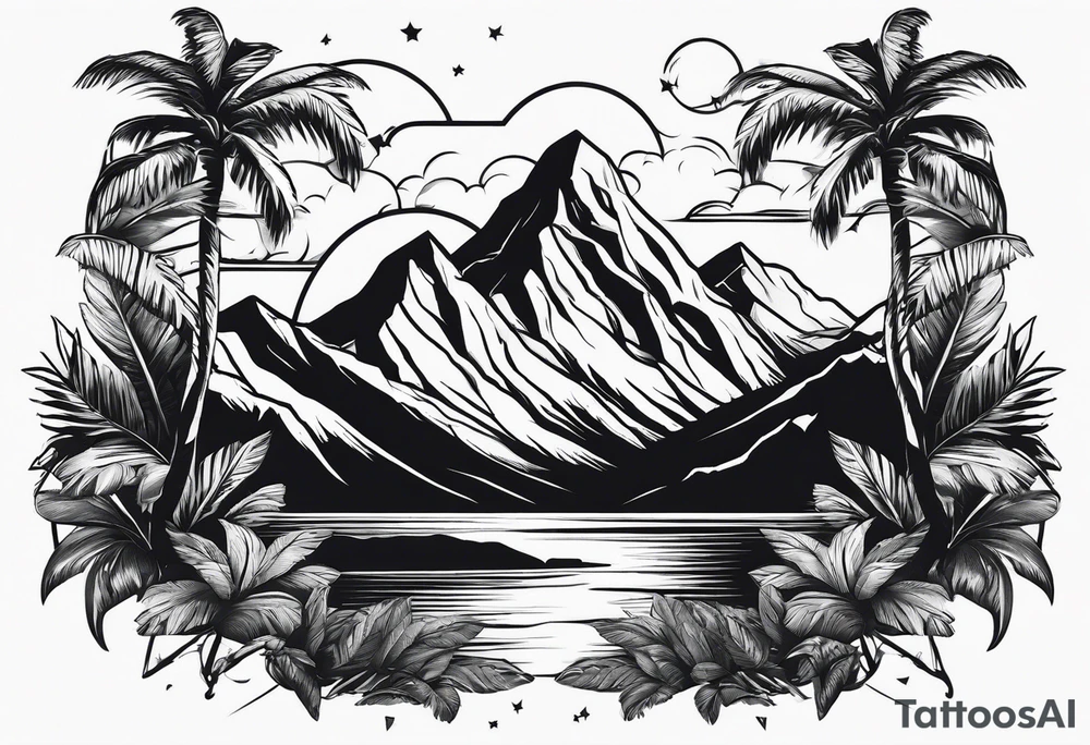 Mountains in a triangle with palm trees tattoo idea