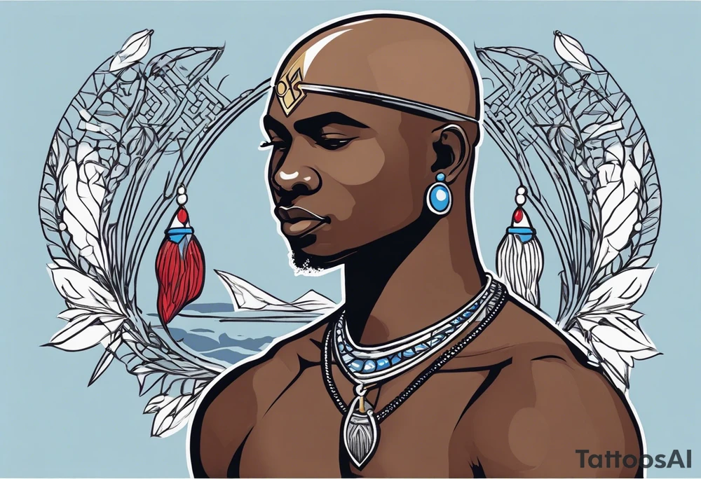 Black-skinned bald african warrior. He wears a simple and small silver crown. He uses two simple necklaces: one blue, other red. He has cowry shells in his crown tattoo idea