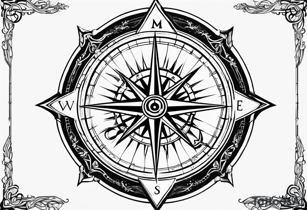Compass rose with Europe in the background, anchor and space for a geo tag tattoo idea