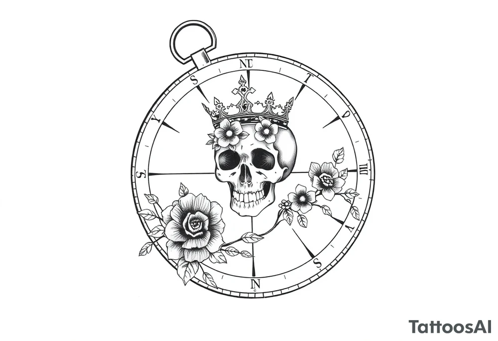 Compass with detailed beautiful gothic boho flowers on vine and skull with gorgeous crown tattoo idea