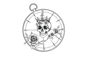 Compass with detailed beautiful gothic boho flowers on vine and skull with gorgeous crown tattoo idea