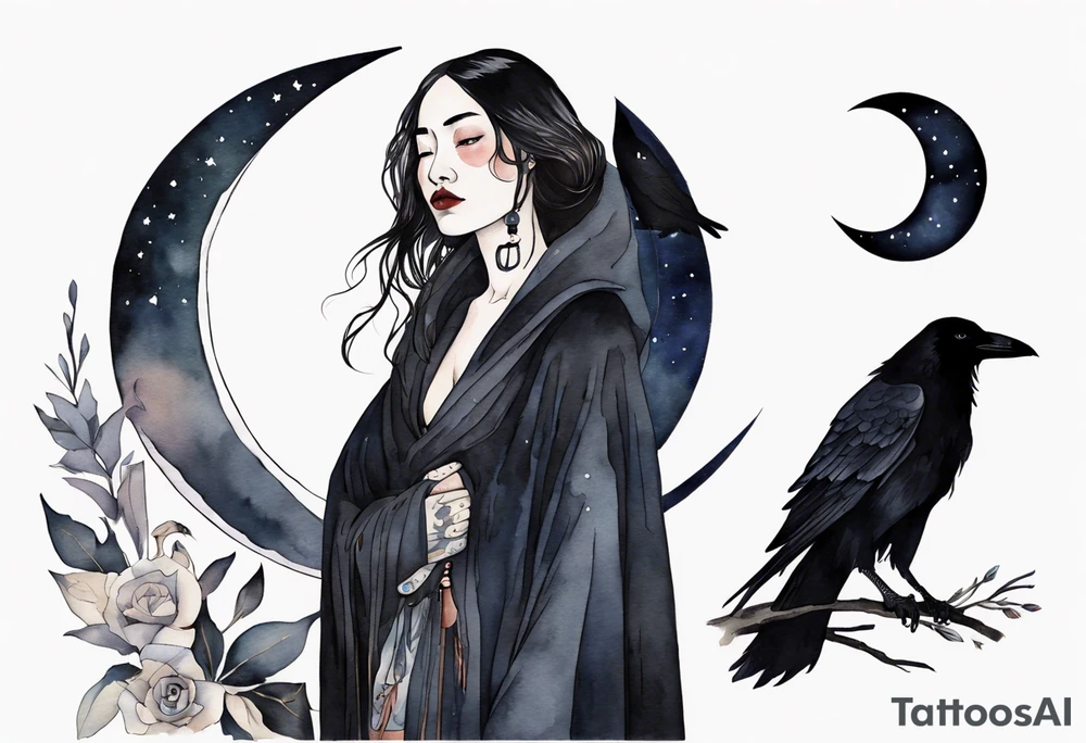 a Dakota woman wearing a black cloak, standing before the night sky with a crescent moon, a raven on her shoulder tattoo idea