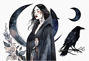 a Dakota woman wearing a black cloak, standing before the night sky with a crescent moon, a raven on her shoulder tattoo idea