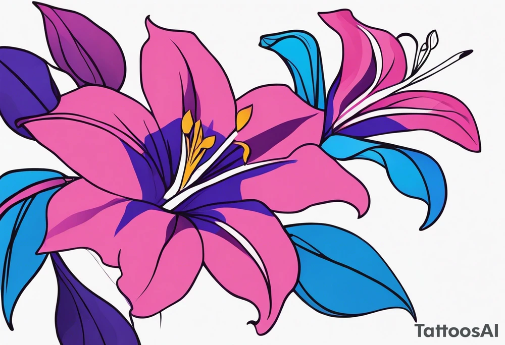 brushstroke abstract pink, purple, and blue mandevilla flowers on a vine, with color leaking out into the background. SOme of the flowers should be full color, and some just linework. It should have a handdrawn, sketch feel. tattoo idea