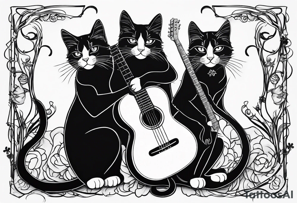 Black Cat and gray Tiger cat playing a guitar with two necks. tattoo idea