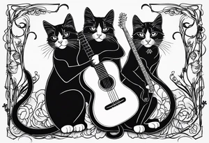 Black Cat and gray Tiger cat playing a guitar with two necks. tattoo idea