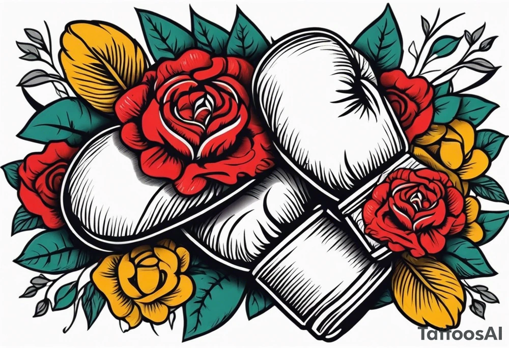 boxing gloves and flowers bold colors traditional old school vintage tattoo idea