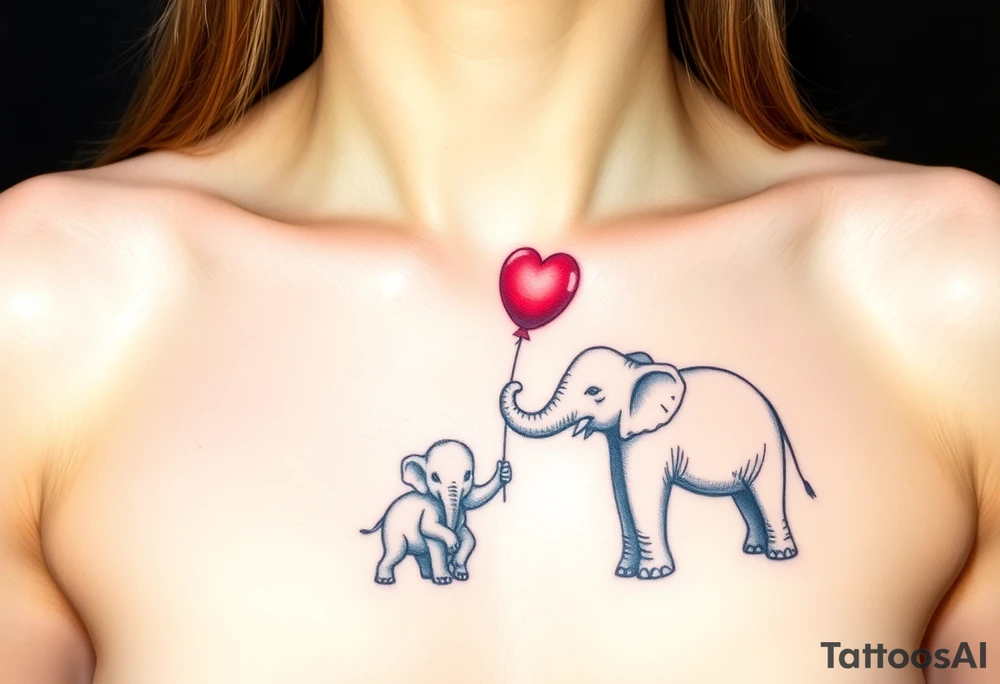 Mother elephant and a baby elephant holding a red balloon with its trunk, symbolizing childhood joy and innocence tattoo idea