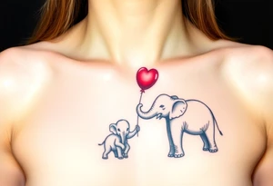 Mother elephant and a baby elephant holding a red balloon with its trunk, symbolizing childhood joy and innocence tattoo idea