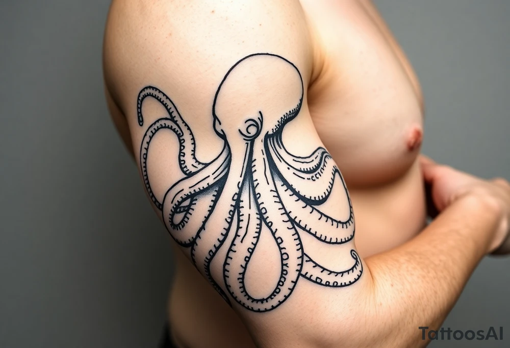 A minimalist blackwork tattoo design of a kraken The kraken is viewed from a 45-degree angle facing left, with its head centered. The tentacles extend only to the left and right, with none going downward beneath the head. The style is clean, fine-line detailing with bold outlines, avoiding heavy shading. The tentacles should be fluid, aggressive, and striking, enhancing the menacing and eerie look of the kraken while maintaining a cohesive design for a tattoo sleeve. tattoo idea