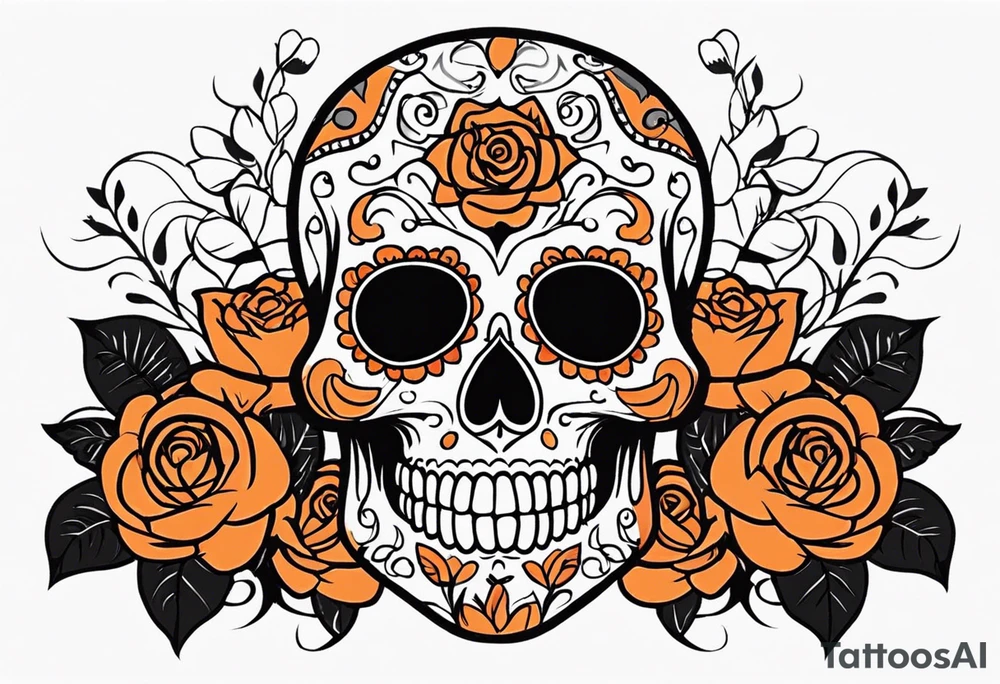 Sugar skull with roses that are orange and black tattoo idea