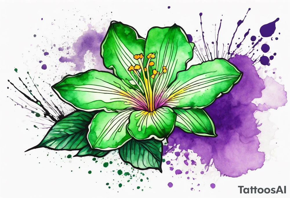 An outline of a green rio dipladenia flower and a purple watercolor splash in the background tattoo idea