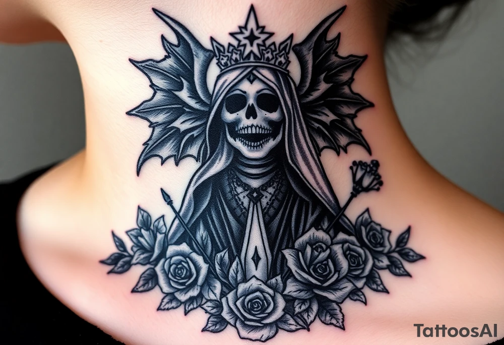 Powerful and evil Santa muerte rising from the flames and ashes of hell, surrounded by unclaimed souls and roses tattoo idea