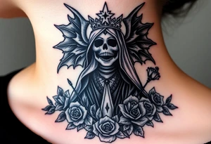 Powerful and evil Santa muerte rising from the flames and ashes of hell, surrounded by unclaimed souls and roses tattoo idea