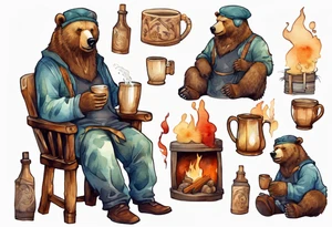 a bear-human hybrid with a long beard wearing a tunic and Phrygian cap, sitting in a chair by a hearth, drinking from a wooden mug, smiling, drunk, reed cheeks tattoo idea
