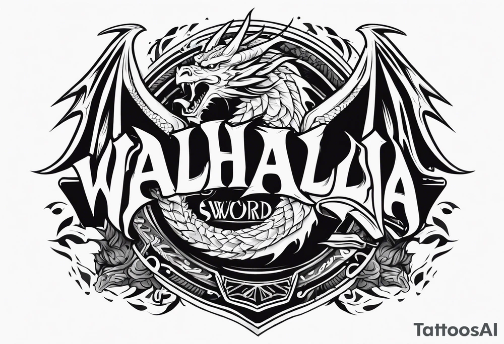 Valhalla sword shield dragon head axe tattoo idea