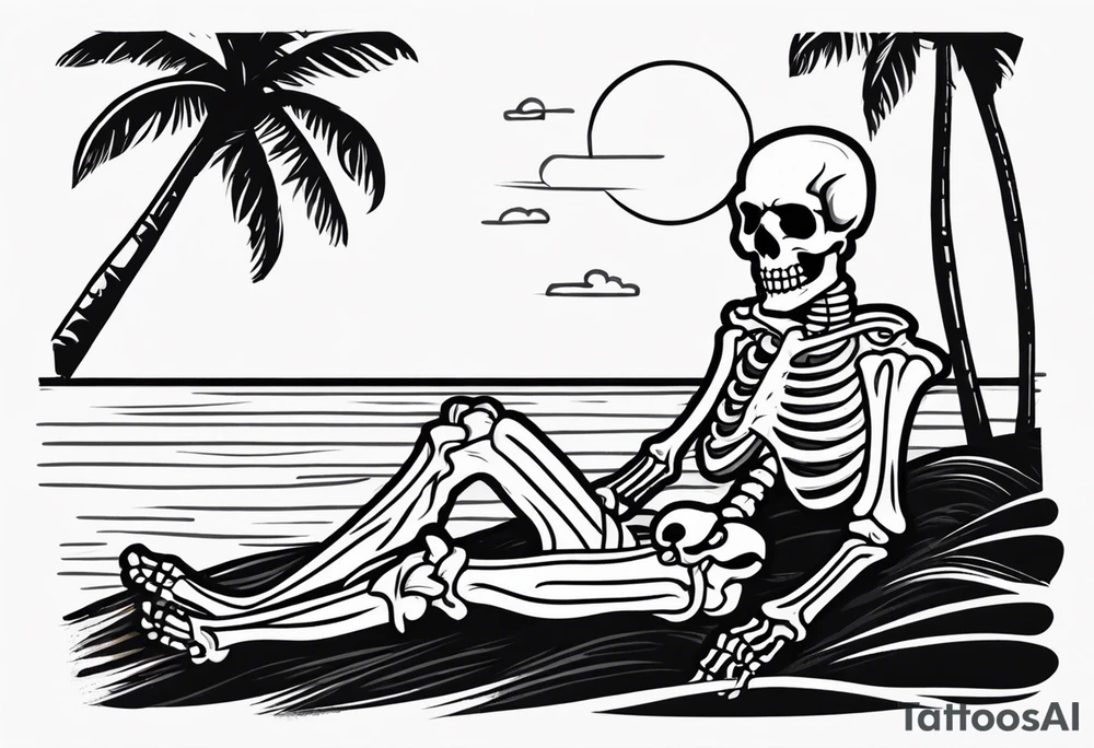 skeleton wearing a button up hawaiian shirt relaxing on the beach tattoo idea