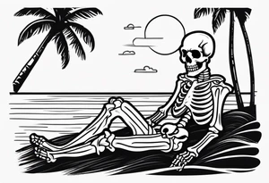 skeleton wearing a button up hawaiian shirt relaxing on the beach tattoo idea