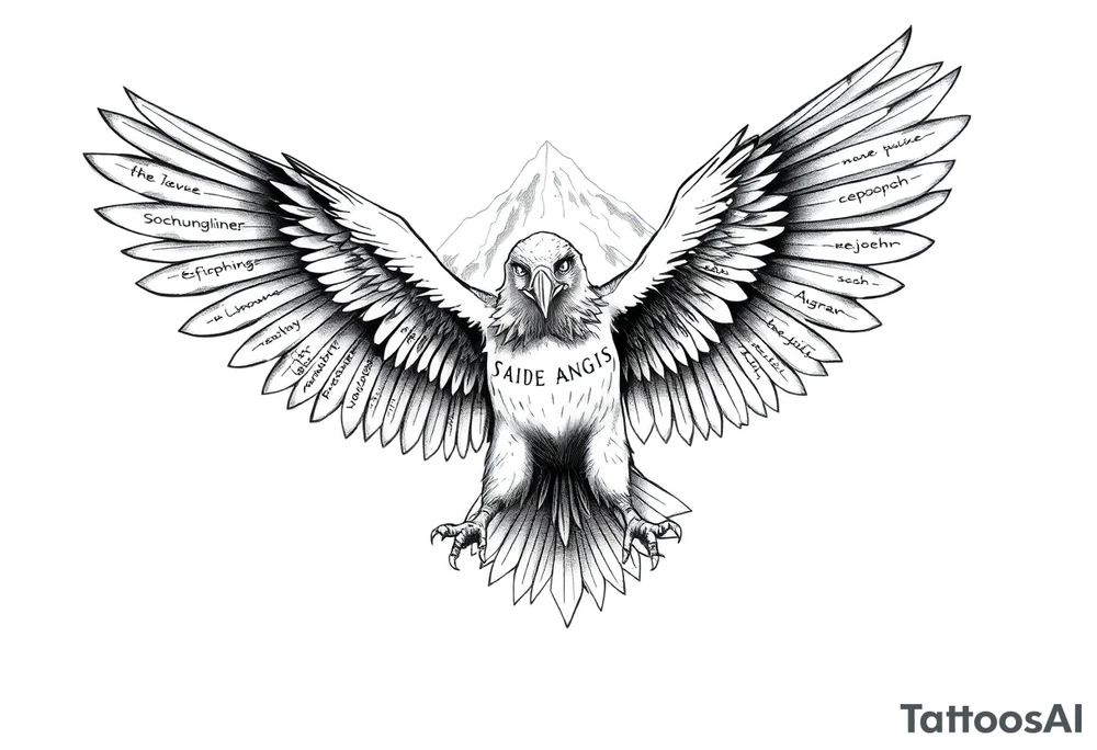 majestic eagle spreading wings against mountain peaks 

In the eagles wings put these names. 
Isabella 
joeseph
Anthony tattoo idea