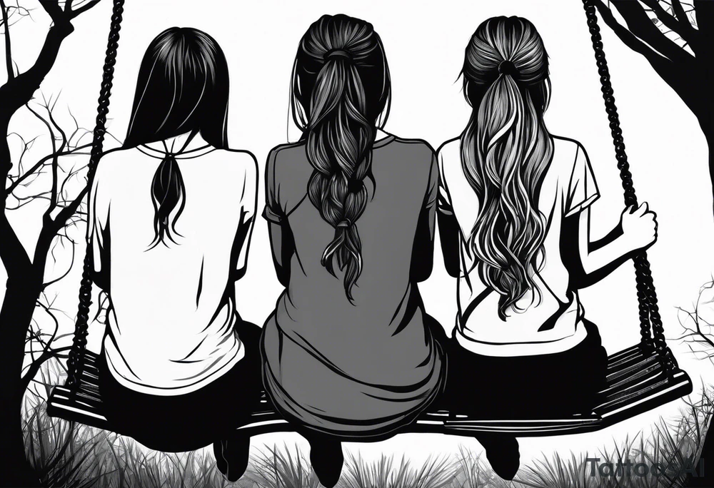 Three girls seen from behind sitting on a swing. One girl is older with long hair, another is middle-aged with shorter hair, and the youngest has two pigtails tattoo idea