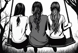 Three girls seen from behind sitting on a swing. One girl is older with long hair, another is middle-aged with shorter hair, and the youngest has two pigtails tattoo idea