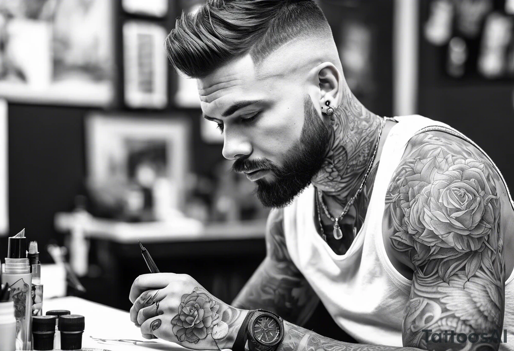 Tattoo artist with short haircut man young tattoo idea