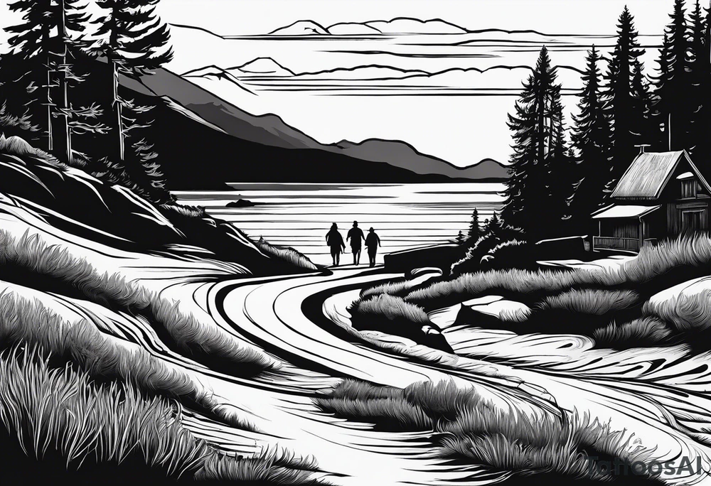 A shadow of a family of four walking through the Pacific northwest landscape. Faith centered and add Mexican culture .  Add border with crosses tattoo idea
