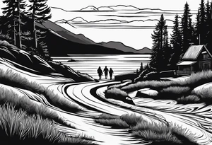 A shadow of a family of four walking through the Pacific northwest landscape. Faith centered and add Mexican culture .  Add border with crosses tattoo idea
