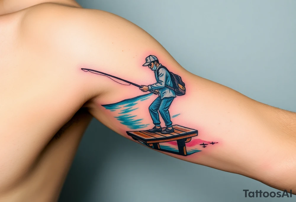 Fisherman on a pier surrounded by nature, colorful tattoo idea