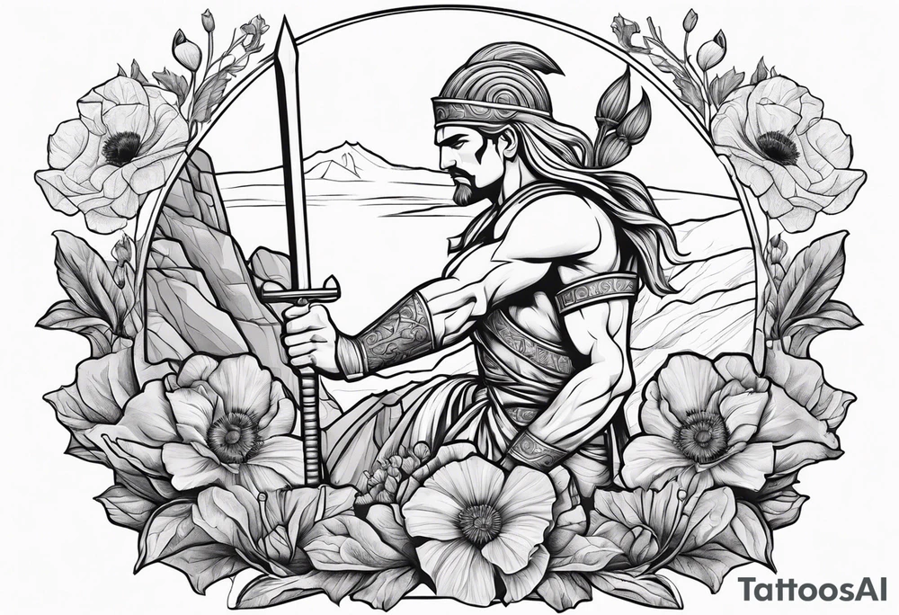 Greek warrior tending to Poppy flower growing out of rock tattoo idea