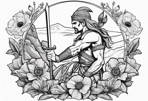 Greek warrior tending to Poppy flower growing out of rock tattoo idea
