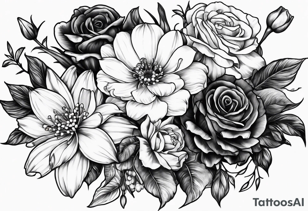 Two roses, two daisies, one daffodil, one chrysanthemum, one gladiolus, one lily of the valley tattoo idea