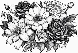 Two roses, two daisies, one daffodil, one chrysanthemum, one gladiolus, one lily of the valley tattoo idea