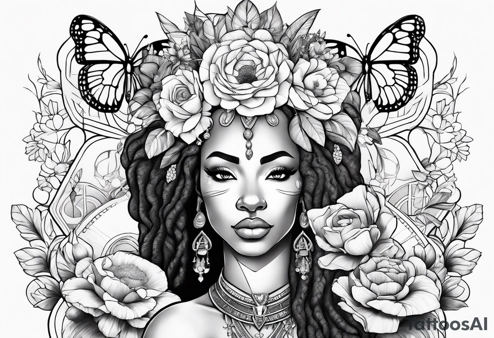 Nubian queen and lion with butterflies and flowers tattoo idea