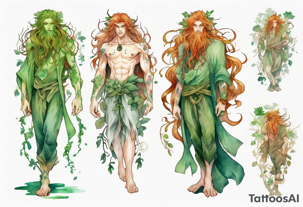a slender and beautiful male dryad with green skin and long copper hair and roots instead of feet tattoo idea