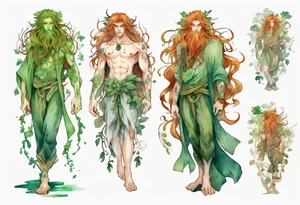 a slender and beautiful male dryad with green skin and long copper hair and roots instead of feet tattoo idea
