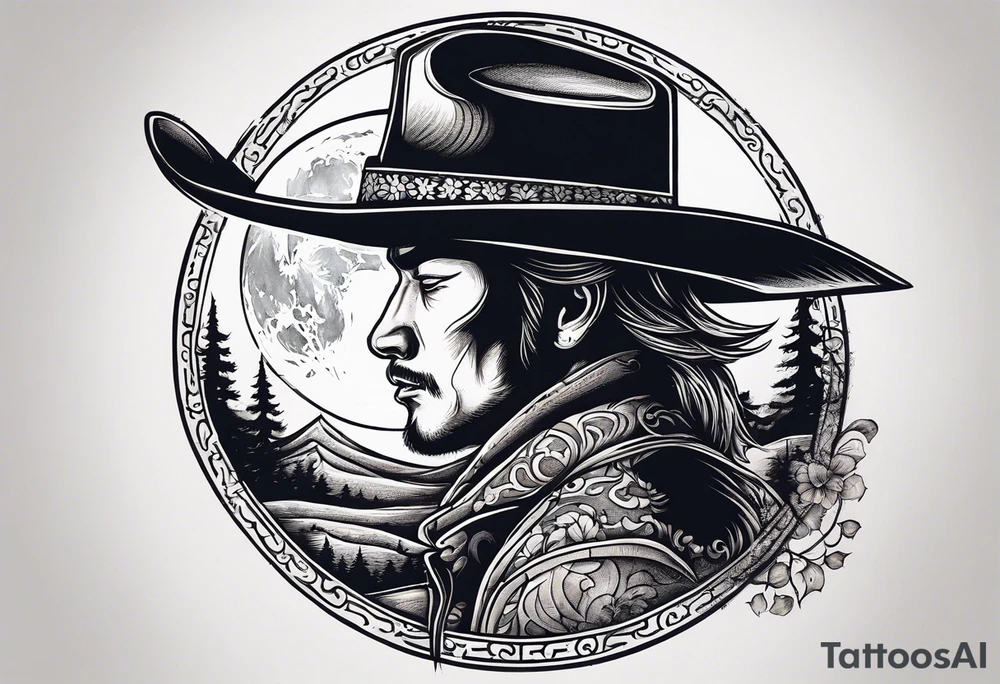 A moon with a cowboy hat tattoo idea