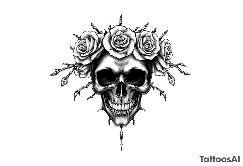 ornate skull adorned with crown of wild roses and thorns tattoo idea