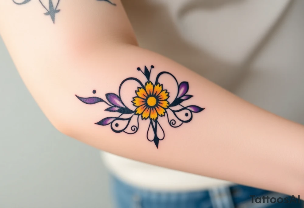 simple with Purple Hearts with yellow daisy with cross tattoo idea
