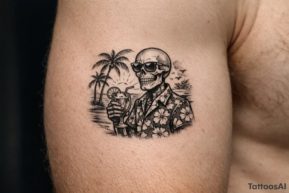 Skeleton in Hawaiian shirt and sunglasses holding a cocktail on a beach with palm trees and a setting sun. tattoo idea