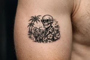 Skeleton in Hawaiian shirt and sunglasses holding a cocktail on a beach with palm trees and a setting sun. tattoo idea